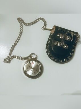 Biker Style Vintage Y2K Era Geneva Pocket Watch w/Chain + Studded Leather Case
